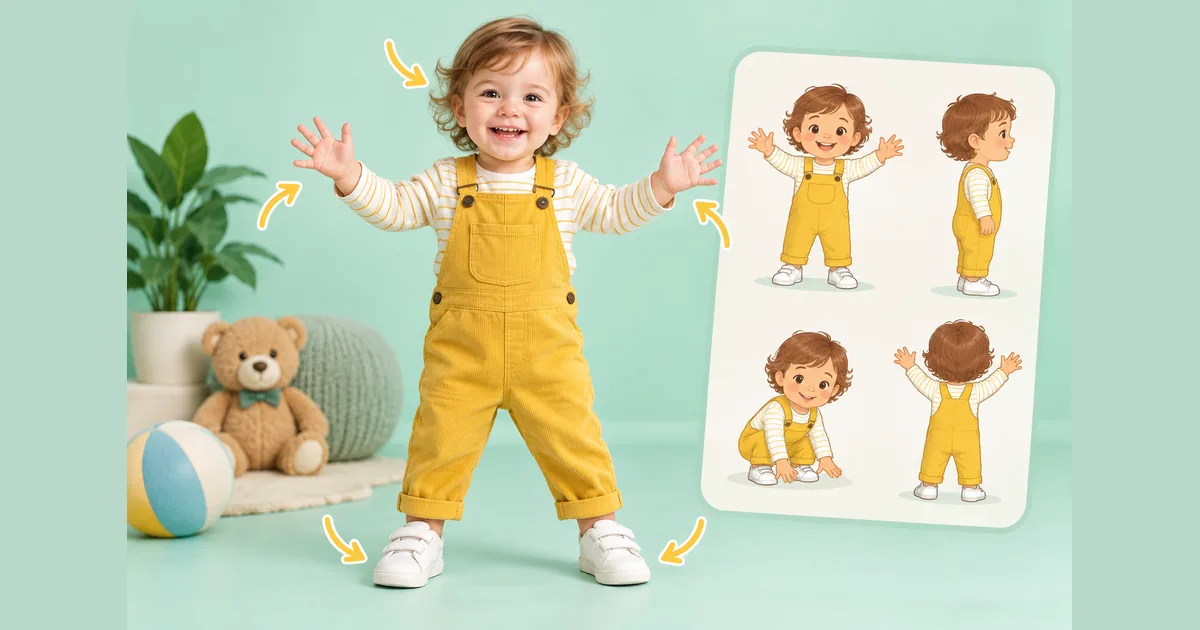A clear toddler reference photo with a full-body pose guide for animation