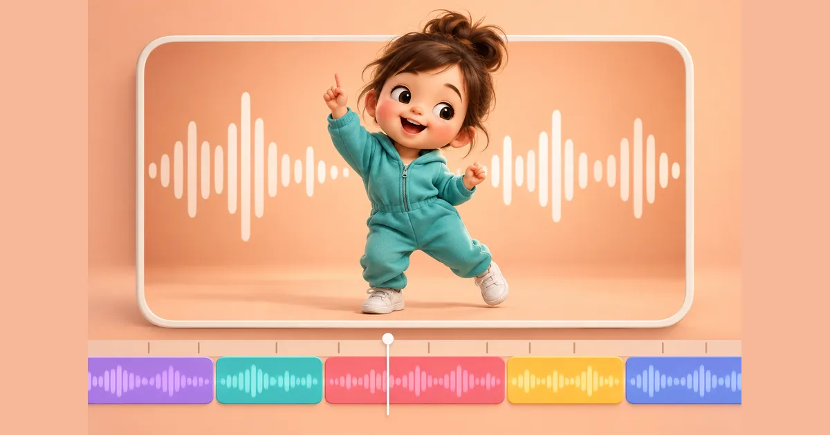 A toddler dance clip with an audio waveform and editing timeline