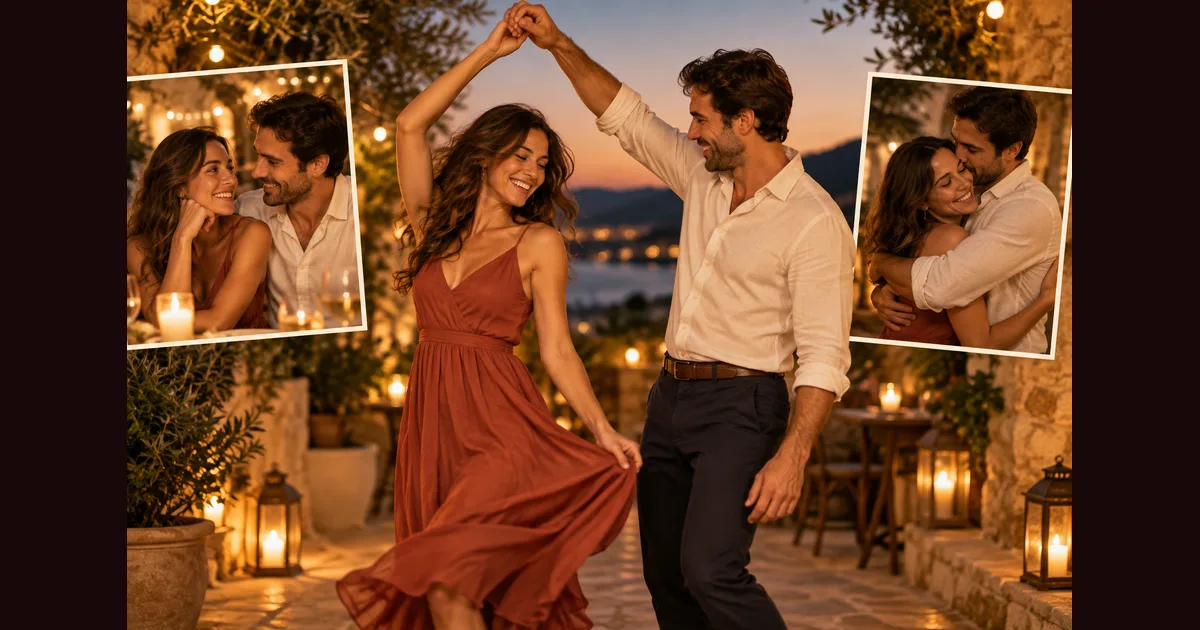 A couple dancing with smaller portraits of an embrace and a shared smile